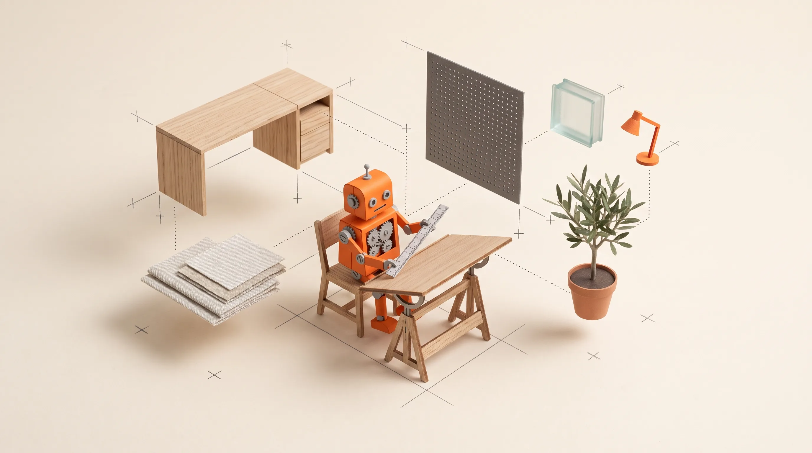 Conceptual paper model of a tiny orange robot at a drafting desk with oak, glass and fabric samples